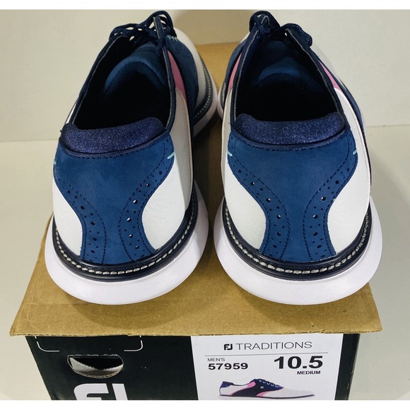 FootJoy Traditions White Navy Pink Saddle Spiked Golf Shoes 57959 Men Size 10.5 - Picture 5 of 8